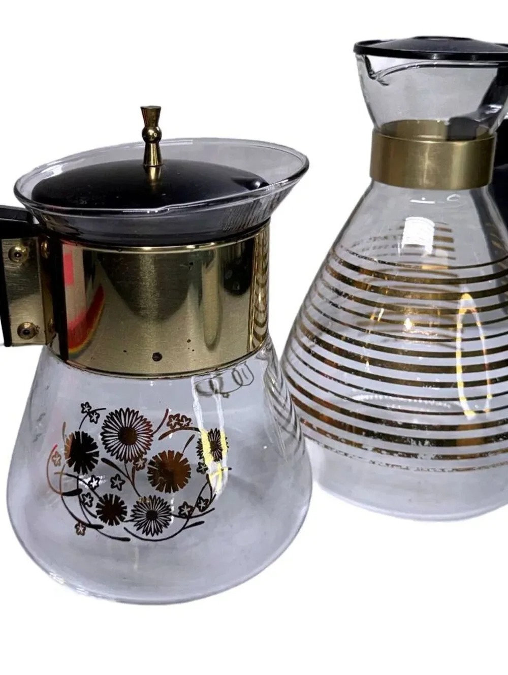 2 1960's Vintage Pyrex Coffee Carafe & Flameware Coffee Pot Lot Gold Mid Century